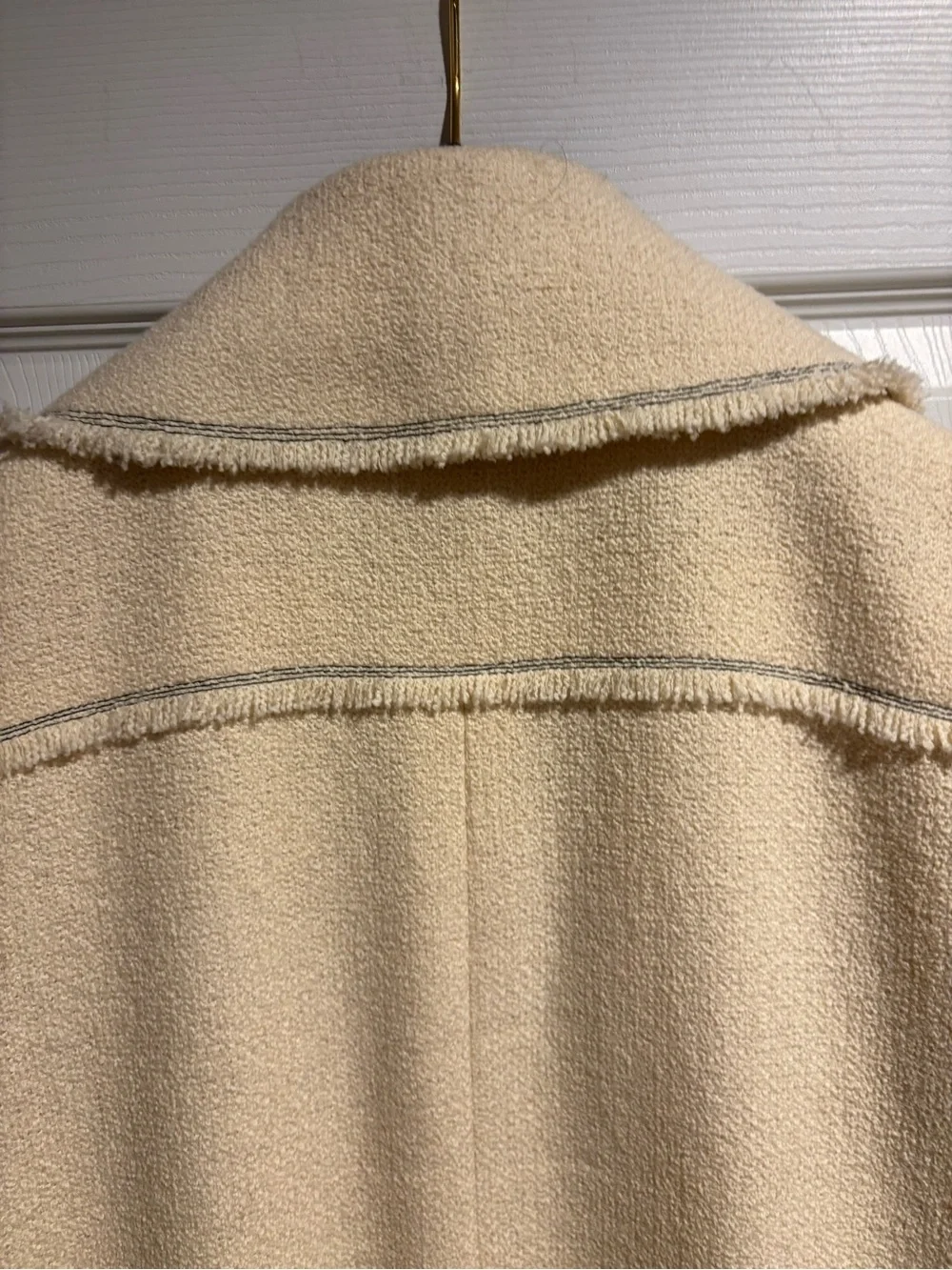 Beautiful Vintage CHANEL Cream Bouclé Coat Herringbone Trim